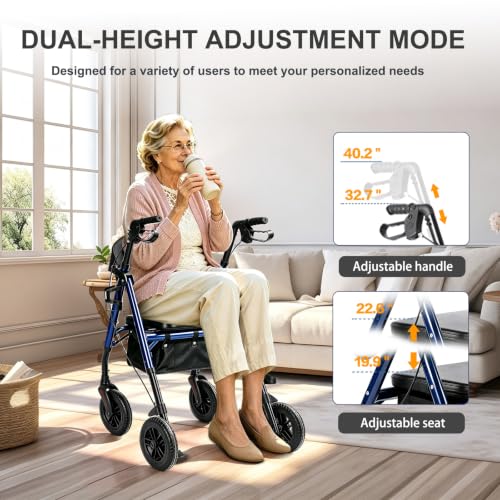 Image of Rollator Walkers for Seniors with Seat,4 Wheel Rolling Walker,300lbs | Lightweight17.76lb|Foldable|Adjustable height|Hand brakes|backrest|Storage bag|8 inchAll Terrain wheels For Indoor and outdoor