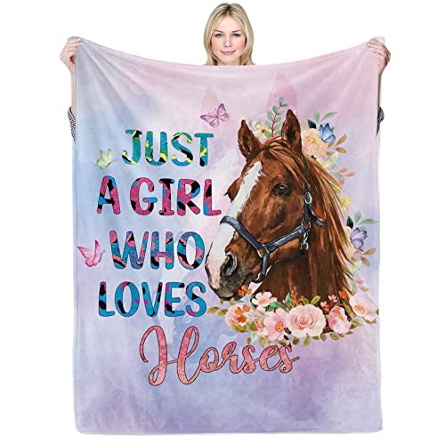 Domgoge Just a Girl Who Loves Horses Blanket for Girls Horse Flower Throw Blankets Gifts for Women Light Pink Purple Warm Lightweight Flannel Fleece Blanket for Sofa Couch All Season 150cm x 200cm