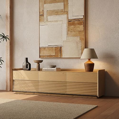 Image of POVISON 71 inch Fully Assembled Mid Century Modern TV Stand with LED Lights, Media Console with 6 Drawers, Wood Slatted Entertainment Center, No Assembly Required, Fits 65-75 Inch TV