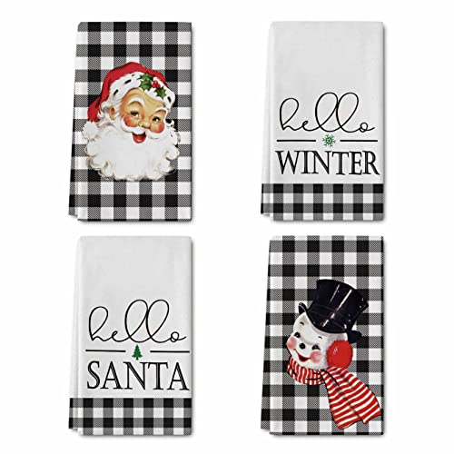Whaline Christmas Kitchen Towel White Black Buffalo Plaids Santa Claus Snowman Dish Towel 18 X 28 Inch Xmas Winter Hand Drying Towel Tea Towel For Cooking Baking, 4 Pack #TOP21
