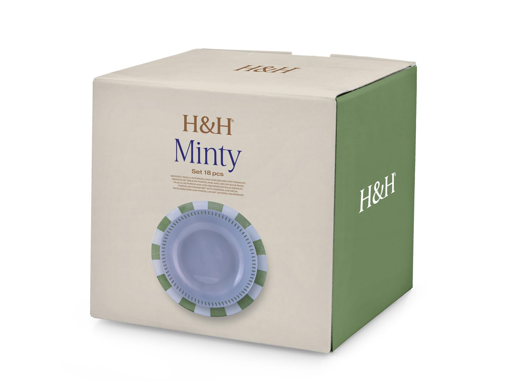 H&H Servizio Tavola Minty in Porcellana Decorata 18 Pezzi – 6 Piatti Piani 27 cm, 6 Piatti Fondi 20 cm, 6 Piatti Frutta 19 cm – Idoneo Lavastoviglie e Microonde