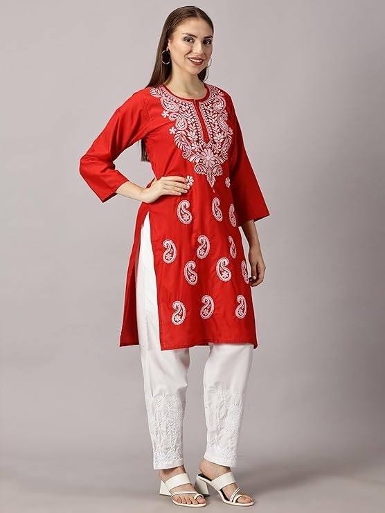 Image of FCH, Fashionable Chikan Handikraft Women's Cotton Lucknowi Chikankari Printed Straight Kurta for Regular Wear Girls Flared Kurta