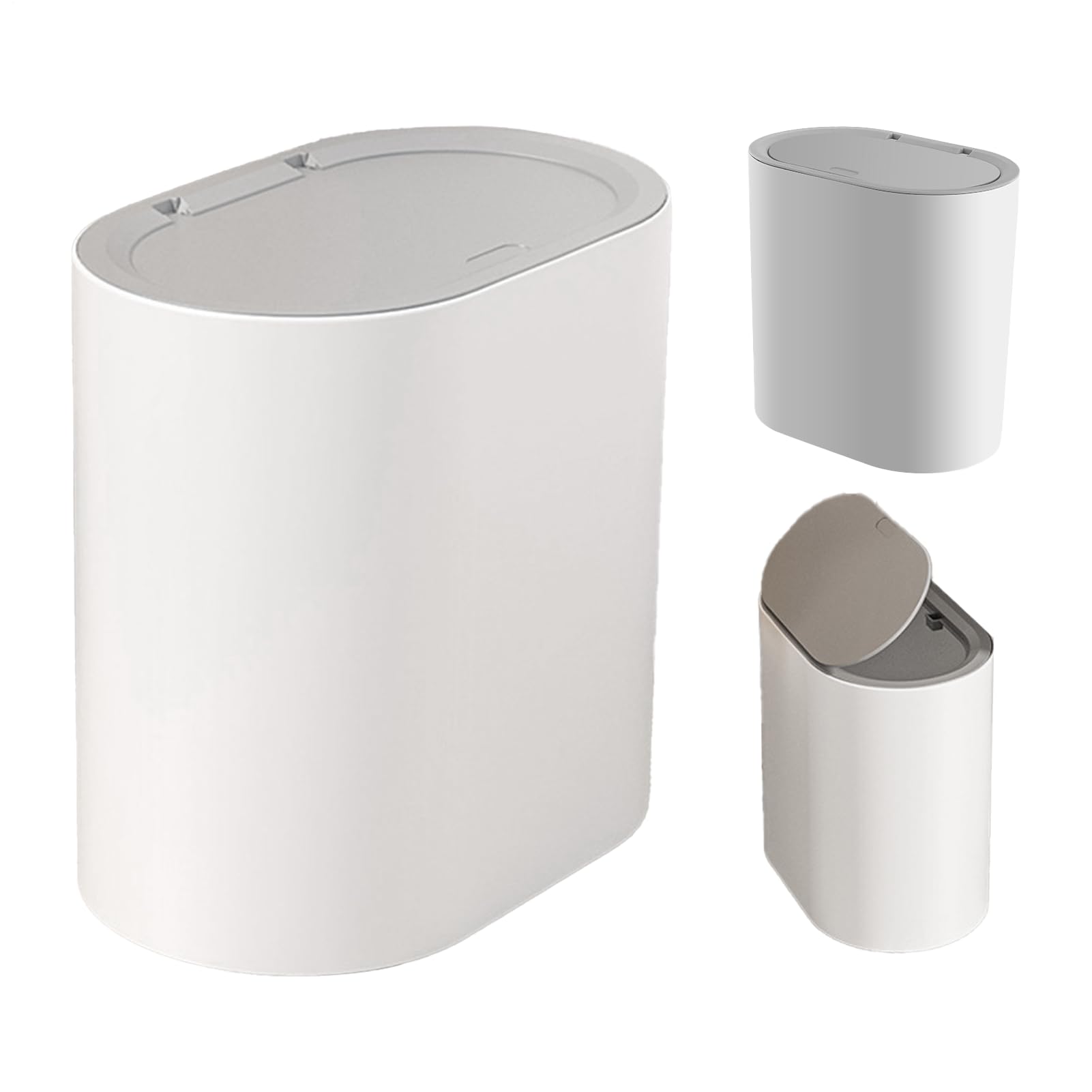 8L Slim Bathroom Bin, Narrow Trash Can with Touch Top Lid & Wheel, Slimline Kitchen Bin, Compact Design Waste Bins, Dog Proof, Small Space Storage for Bedroom, Bathroom, Kitchen, Office, White