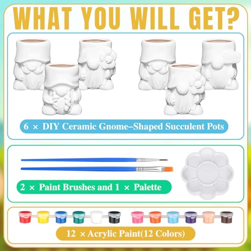 Beeveer 6 Sets Paint Your Own Gnomes Succulent Planter Cute Mini Unpainted Flower Pots DIY Paintable Succulent Pots for Christmas Classroom DIY Craft Project Activity
