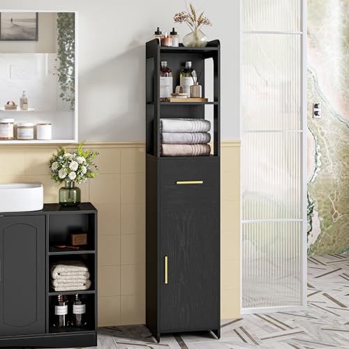 HEXCELEN Armario de Baño, Mueble de Baño con una Puerta y un Cajón, Estantes Ajustables, Organizador de Almacenamiento, Compartimento Abierto, para Espacios Pequeños, Moderno 30 × 30 × 138,6 cm Negro