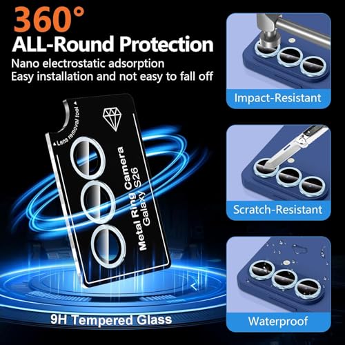 Image of Premium Camera Lens Protector Compatible For Samsung Galaxy S26 5G (Blue) Camera Lens Protector - 9H Tempered Glass, Military-Grade Anti-Scratch, Case-Friendly, Easy Install Frame