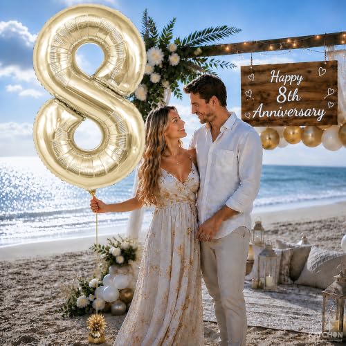 Image of KatchOn, Number 8 Balloon, 40 Inch Champagne Gold Foil Number Balloon