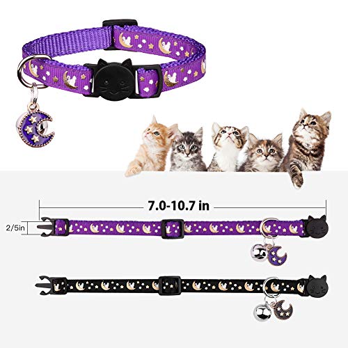 2Pcs Breakaway Cats Collars With Bell Moons Stars Adjustable Kitten Collars With Pendant Glow In The Dark (Purple+Black) #TOP2