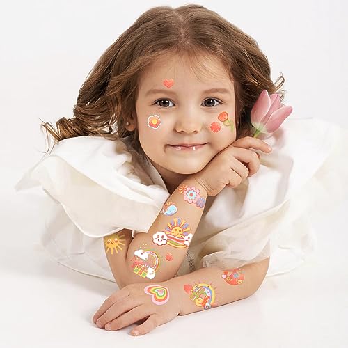 Kids Flower Power Temporary Tattoo, Rainbow Sun Cloud Smile Stars Heart Flower Character Fake Tattoos For Girls Women Adults, 110 Styles Temporary Tattoos For Birthday Party Supplie Party Favors #TOP2