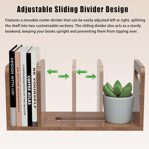 Image of 100% Solid Wood Adjustable Desktop Bookshelf With Movable Divider, Retro Tabletop Bookshelf With Convenient Handle Design for Living Room, Home, Office, Perfect for Magazines, Books, Files (Brown)