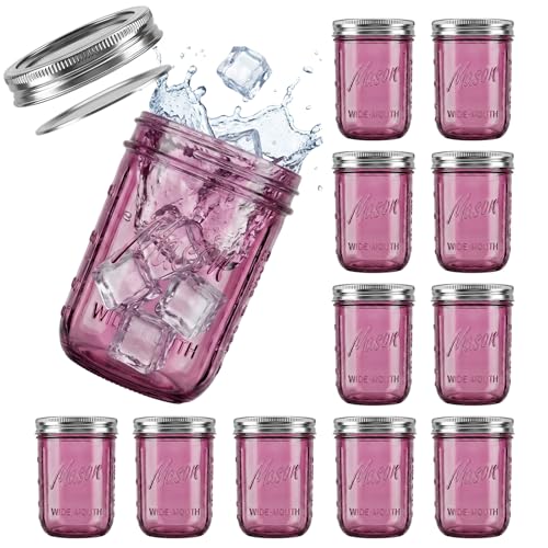 DaYammi 12 Pack 16 oz Wide Mouth Mason Jars with Lids Airtight Glass Canning Jars for Food Storage Meal Prep Fermenting Pickling & Jam Pink