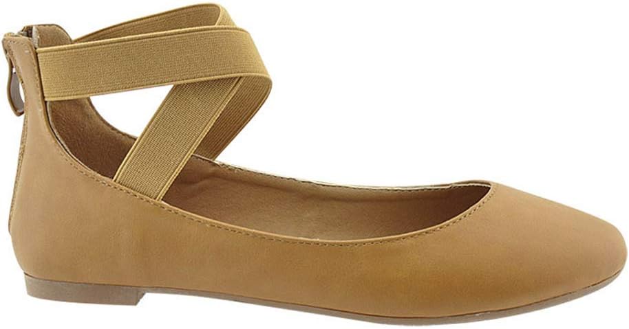 Bella Marie Dana-19B Women's Classic Ballerina Flats Elastic Crossing Straps, Tan PU, US 5.5 M