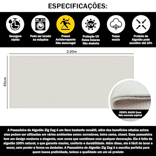 Tapete Passadeira Antiderrapante, Branco, 65cm x 2m, Textura Zig Zag (Cru)