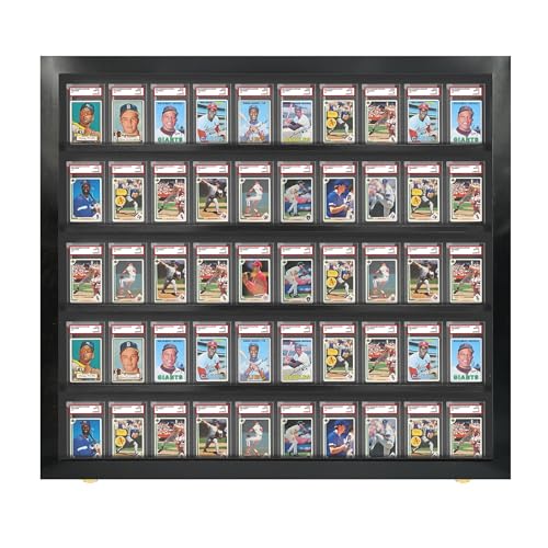PENNZONI Baseball Card Display Case - 50 Graded Sports Card Display Frame Lockable - PSA Graded Card Case with UV Protection | Pokemon Card Display for Football & Basketball | Black