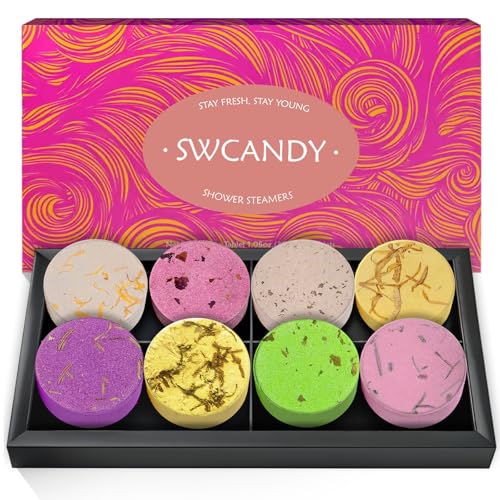 SWCANDY Shower Steamers Aromatherapy Teen Girl Gifts Trendy Stuff Travel Essentials for Women 8 Pcs Natural Essential Oils Stress Relief Relaxation Home Spa Experience