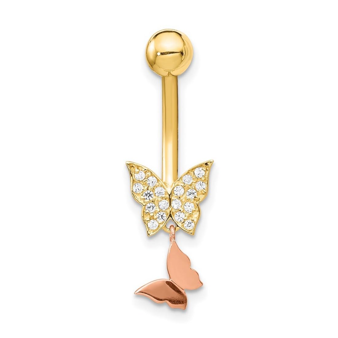 JewelryWeb Bauchnabelpiercing-Ring für Damen, 8,53 mm, 14 Karat massives Gold, zweifarbig, doppelter Zirkonia, künstlicher Diamant, Schmetterling, Engelsflügel, baumelndes Bauchnabelpiercing