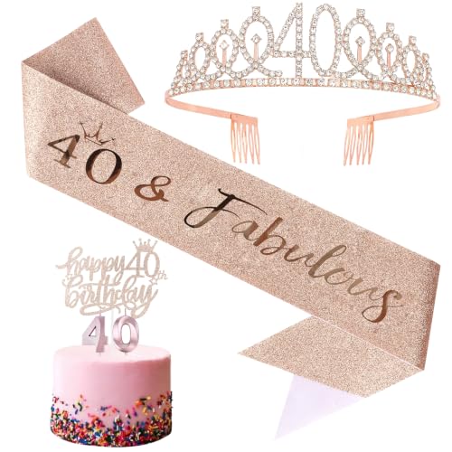 CIEHER 40th Birthday Crown and Sash, Number 40 Candles &amp; 40th Cake Topper