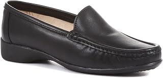 Womens Wide Fit Leather Loafers - Comfortable Slip-On Shoes - Smart Casual Everyday Shoes with Low Heel for All-Day Wear