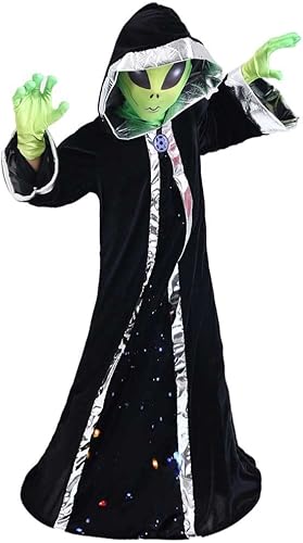 STIOEDYUAN Disfraz de alienígena para niños, con capucha, guantes, máscara verde, pasamontañas, cosplay, disfraz de Halloween