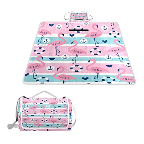 XINGAKA Picnic Blanket,Striped Flamingo Pattern，Large Beach Blanket Outdoor Camping,Waterproof Backing,Foldable