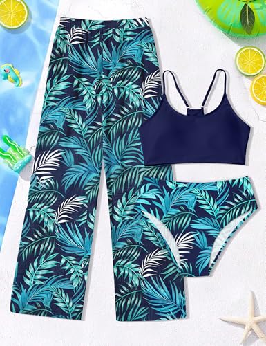 Image of NECIOUS Girls Swimsuit, 3 Piece Bikini Bathing Suit Tropical Floral Swimwear with Cover Up Pants 7-16Y
