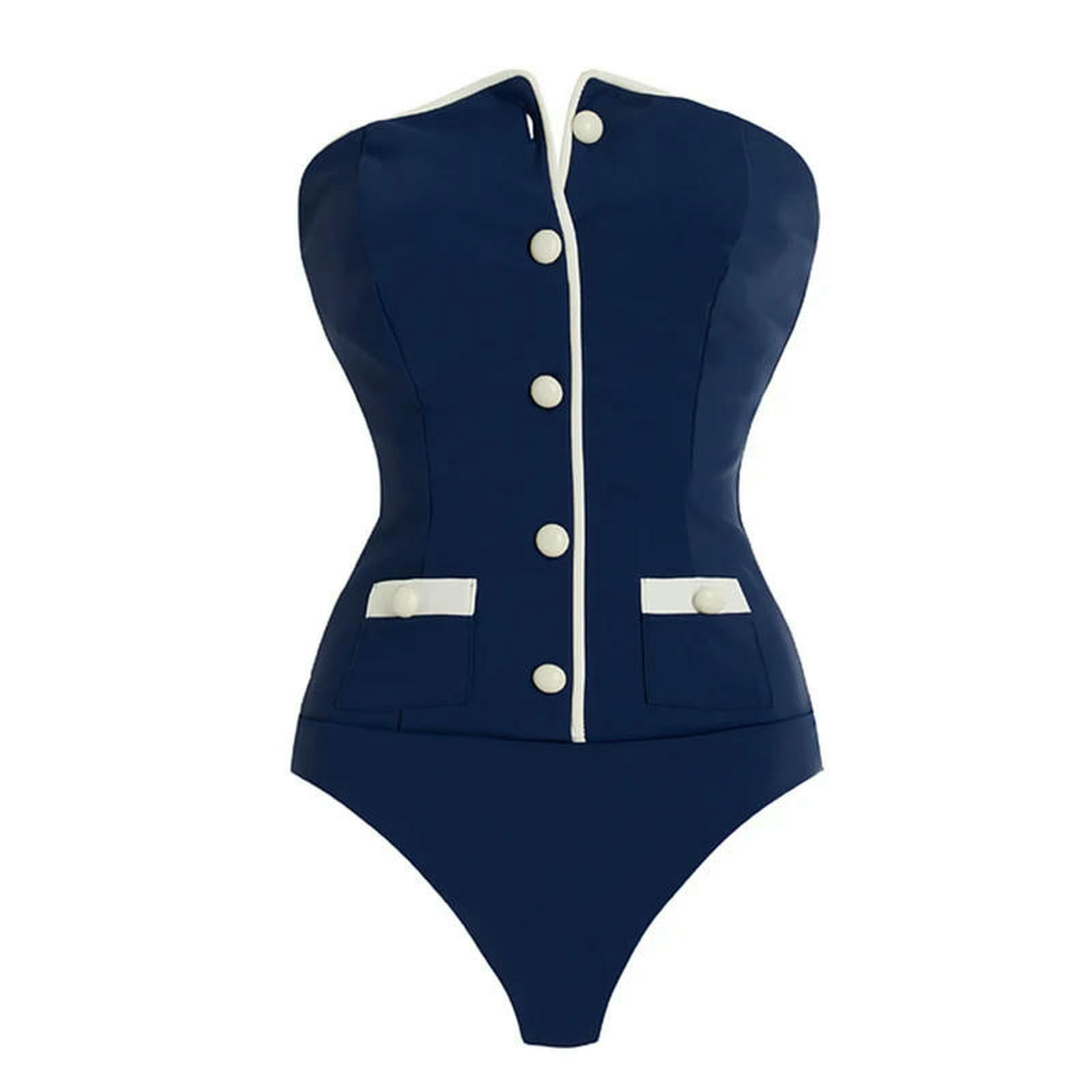 Maillot de bain deux pièces marine sans bretelles bikini taille haute sailor femme