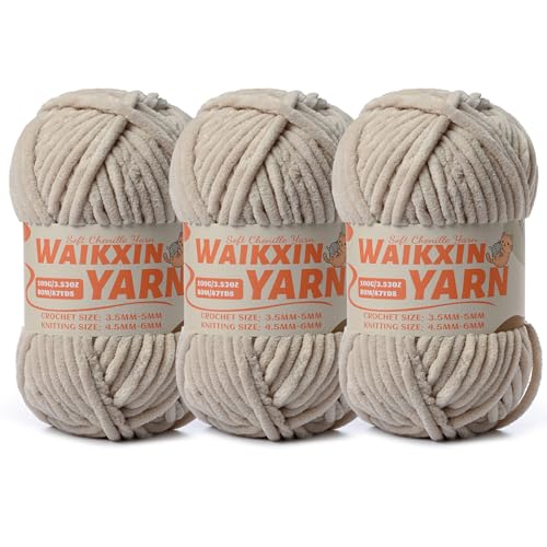 Image of (3 Light Khaki) 3 Pack Super Soft Fuzzy Chenille Chunky Yarn for Crocheting, 300g (261yds) Velvet Fluffy Amigurumi Yarn for Hand Knitting Baby Blankets Weaving Craft
