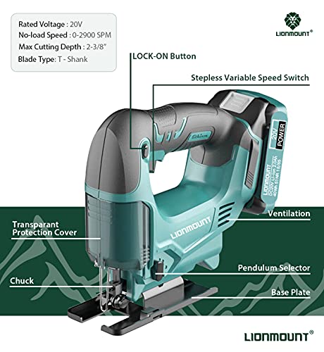 Schnurlose Stichsäge, Lionmount 20 V elektrisches Stichsäge-Set, 2,0 Ah Li-on Akku & Ladegerät, 6 Klingen, 0 ~ 2900 SPM… – Bild 3