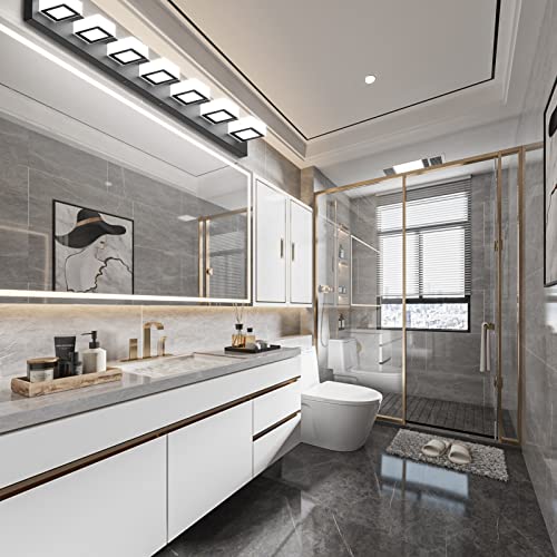 Image of Ralbay 46 inch LED Modern LED Black Vanity Lights Fixtures 7 Lights Acrylic Matte Black Vanity Lights Modern Black Bathroom Wall Lighting Over Mirror