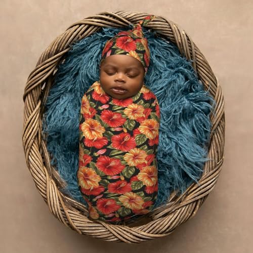 Image of Hibiscus Flowers Newborn Swaddle Blankets Hat Sets Soft Baby Receiving Blanket Swaddle Sack for Baby Shower Infant Boy Girl Gift