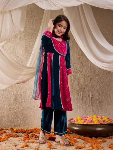 Pspeaches Girl's Silk Kurta Set (Ks-Magseqvelvet-15-16Y_Teal
