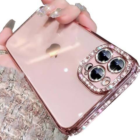 Changjia Clear Glitter Case for iPhone 16 Pro, Cute Luxury Bling Sparkly Diamond Rhinestone with Camera Protector Soft TPU Plating Bumper Slim Transparent Women Girls Case for iPhone 16 Pro 6.3", Pink Cover