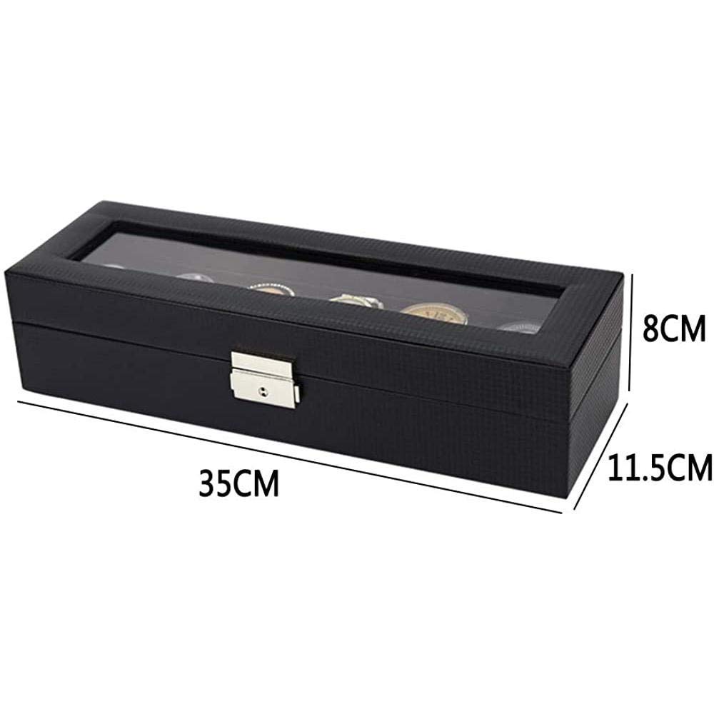 Uhrenbox mit Glasdeckel, 6-teilige Uhrenbox, Uhrenaufbewahrungsbox aus Kohlefaser, Schmuckdisplay, Aufbewahrungsbox für Männer und Frauen, Uhrengehäuse, 17,8 x 12,8 x 7,5 cm Safehappy