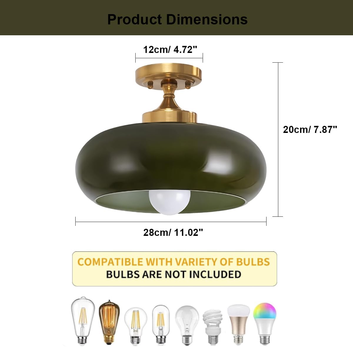 Dark Green Semi Flush Mount Ceiling Light Fixture, 11.02" Mid Century Modern Gold Close to Ceiling Light Fixture, Vintage Retro Ceiling Lamp for Bedroom Hallway Kitchen Entryway