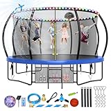 Lyromix 14FT Trampoline Outdoor with Basketball Hoop, Trampoline with Lights for Kids and Adults, Recreational Trampolin with Sprinkler, Stakes and Storage Bag