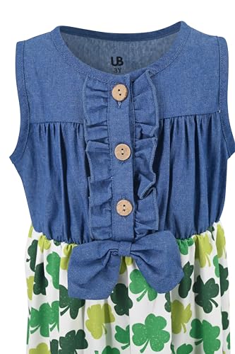 Image of Unique Baby Girls Sleeveless Denim Dress with Knot Tie and Fun Print for Toddler and Big Kids