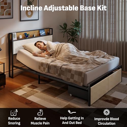 Image of Softa Queen Adjustable Bed Frame with Storage Headboard and Charging Station, Power Head Lift with 2 Footboard Drawers, Upholstered Metal Frame, No Box Spring Needed, White