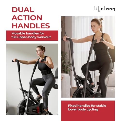 Image of Lifelong Air Bike Exercise Cycle for Home Gym | Dual Action Stationary Cardio Bike for Full Body Workout| Adjustable Cushioned Seat with Backrest |Moving Handles & Anti-Skid Pedals |Max User Weight 125 kg