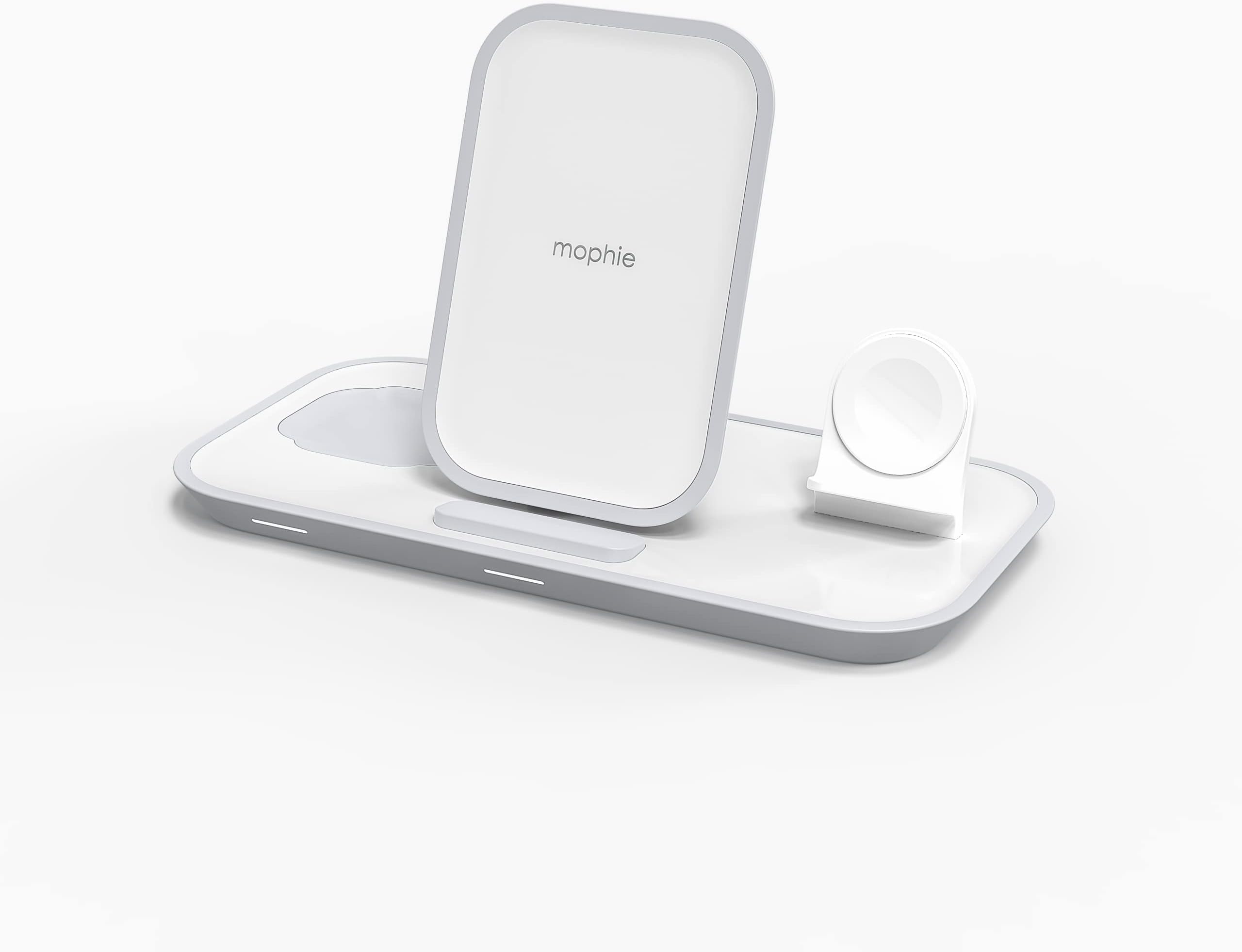 mophie 3-in-1 Wireless Charging Stand for Apple iPhone, AirPods/AirPods Pro & Watch, 7.5W Fast, Stylish Gloss Finish, Portrait or Landscape Smartphone Charging Mode, White