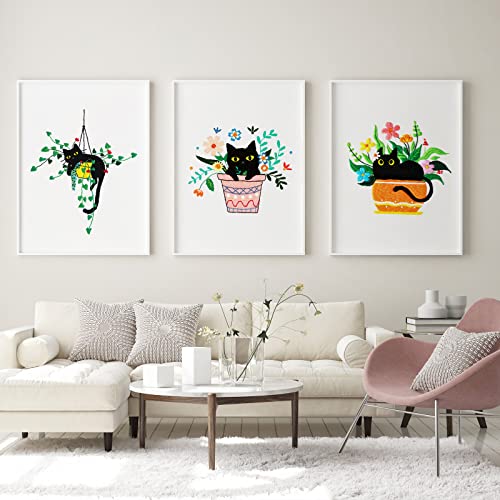 Image of Louise Maelys Black Cat Embroidery Kit for Beginners Botanical Craft | Cross Stitch Kits Include Pre-Printed Fabric, Embroidery Hoop, Threads, Needles and Guide. Needlepoint Kit for Adults