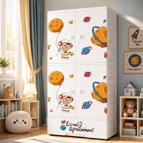 Image of Mevigo 4-Door Plastic Wardrobe for Kids| Almirah and Wardrobe for Baby Clothes| Modular Storage Cabinet with Wheel Organizer for Cupboard Rack for Clothes /Shoes /Books /Toy (White-KT-81021, 4- Door)