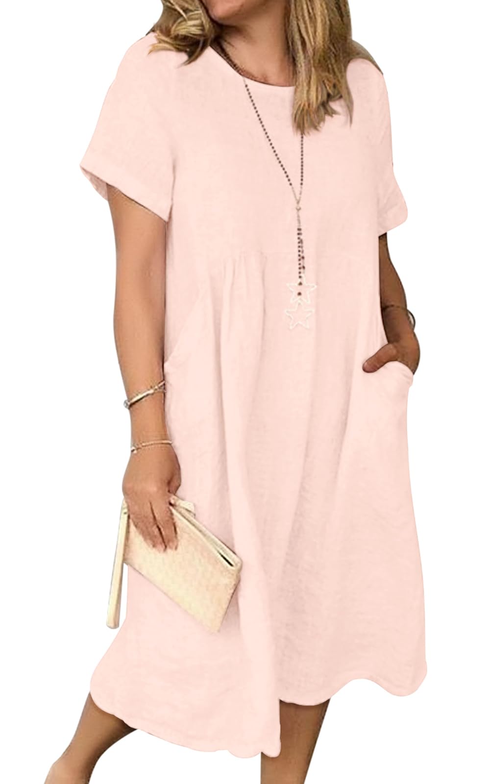 Tincini Sommerkleid Damen Leinen Kleider Casual V-Ausschnitt Midikleid Kurzarm A-Linie Kleid Strandkleid Ohne Zubehör