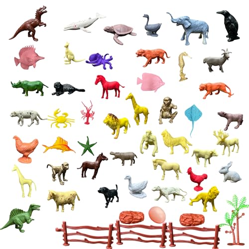 Image of ZESTHOME Kids Animal Toy Set with Farm, Wild, Sea, Bird & Dinosaur Figures | Mini Animal World Playset with Fences, Tree & Egg | Educational Pretend Play Toys for Boys & Girls 3+ | 50 Pieces