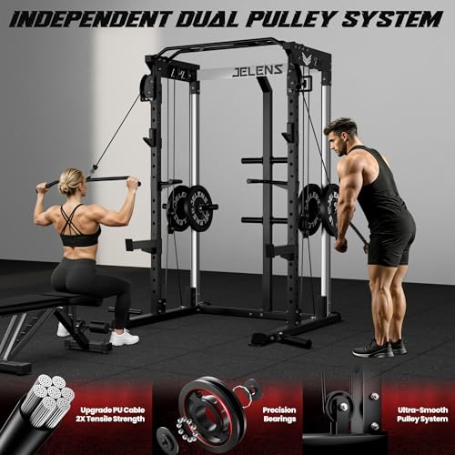 Image of JELENS C21 Power Cage, 2000LBS Multi-Function Power Rack with Independent Dual Pulley System, All-in-One Squat Rack for Cable Crossover, Home Gym Workout Machine