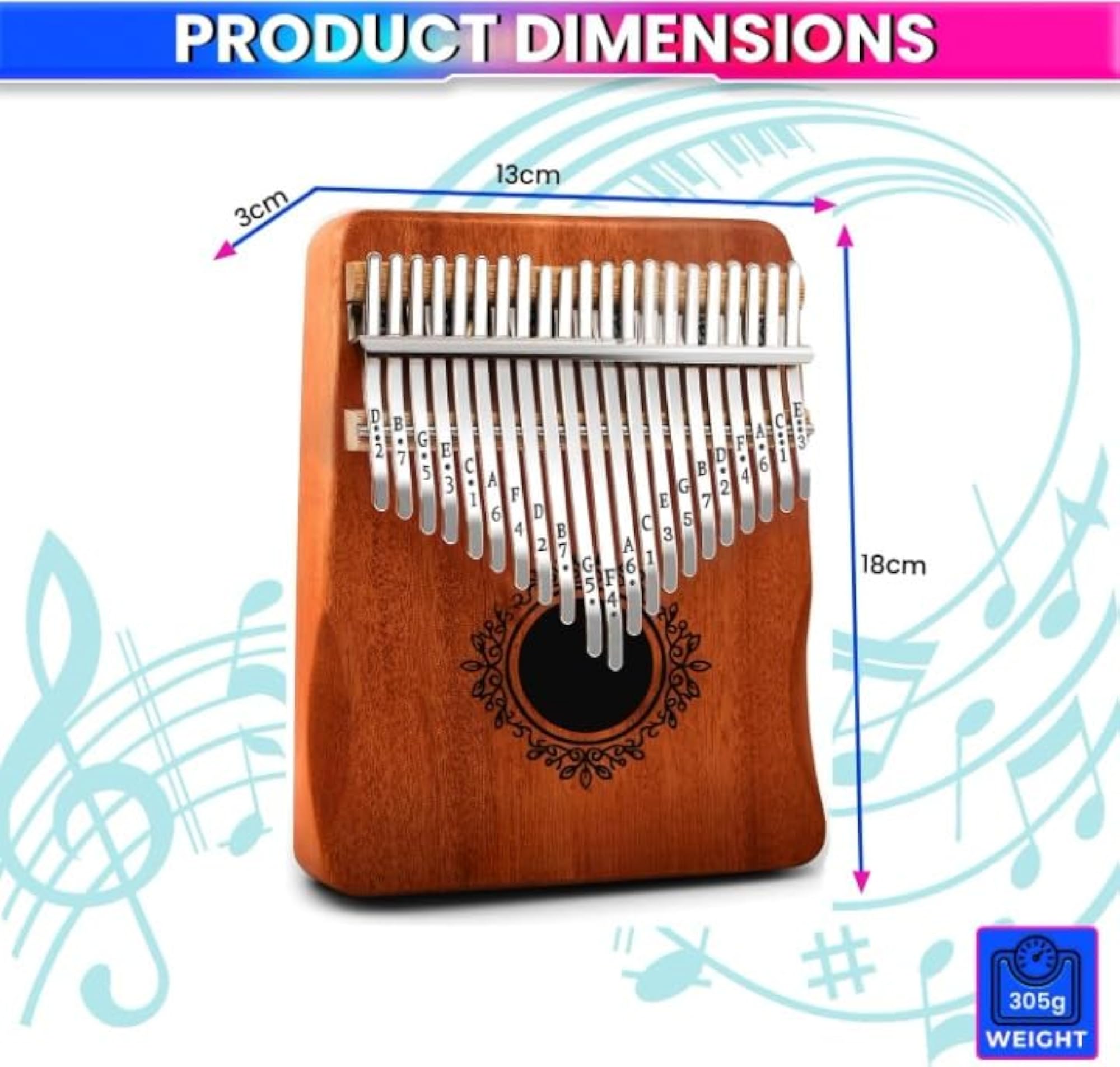 21 Keys Thumb Piano, Natural Mahogany Sanza