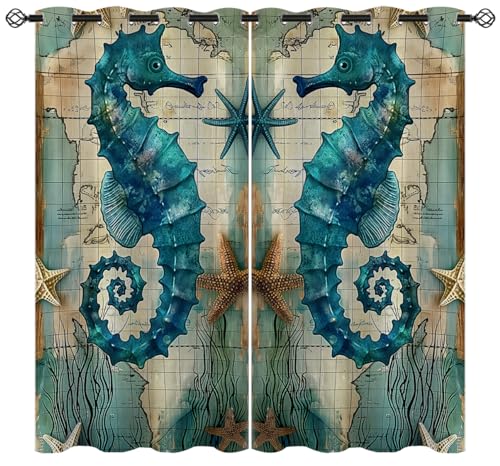 Seahorse Blackout Curtains for Girls Boys Kids Home Decor, Ocean Nautical Beach Sea Animal Coral Reef Grommet Thermal Insulated Drapes Darkening Window Curtain for Bedroom Living Room, 42 x 63 Inch