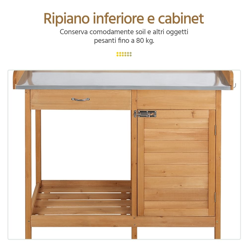 Yaheetech Tavolo Lavoro da Giardino per Piante in Legno Naturale con Ripiano in Metallo Spazioso Cassetto e Armadietto Banco per Giardinaggio 112 x 46,5 x 125 cm