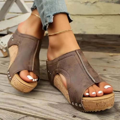 Cork Wedges & Platform Slides, Women's Thick Sole Comfy Leather Wedge Non-slip Summer Lightweight Sandals3