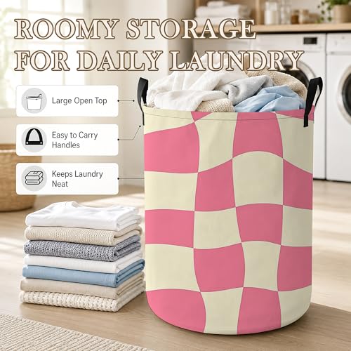 Image of Abstract Chessboard Laundry Basket, Foldable Oxford Cloth Pink Checkerboard Laundry Hamper with Handles, Tote Bag Clothes Storage Bucket for Laundry Room /Bathroom /Bedroom /Dormitories 20.8 inchx16 inch