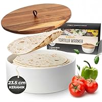 Tortillada - 23,5 cm Tortilla Wärmer mit Holzdeckel, Keramik Tortilla Warmer, Wrap Wärmer - Für Mikrowelle geeignet